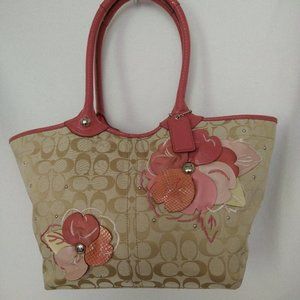 Women's Authentic Coach Bleecker Tan C Signature Jacquard w/Pink Floral Applique